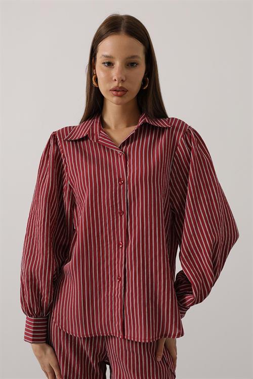 Wholesale Womens Burgundy Striped Two-Piece Set – Shirt and Pants