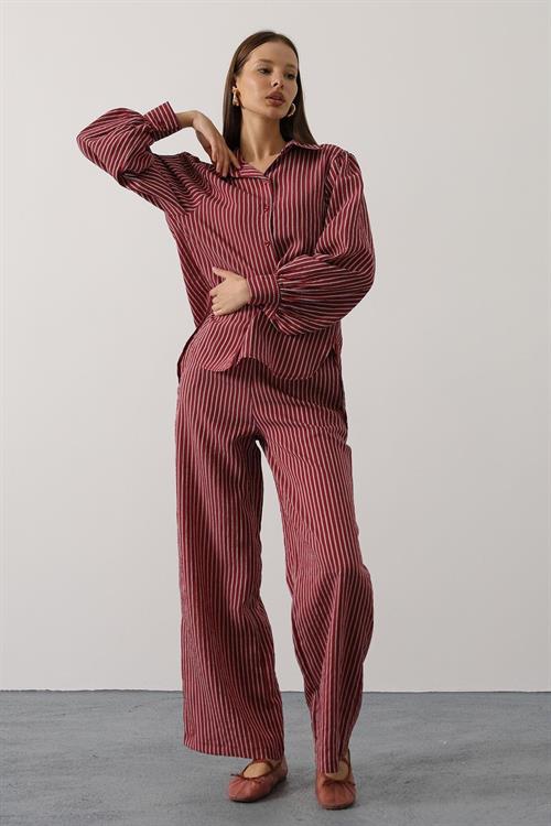 Wholesale Womens Burgundy Striped Two-Piece Set – Shirt and Pants