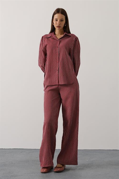 Wholesale Womens Burgundy Striped Two-Piece Set – Shirt and Pants