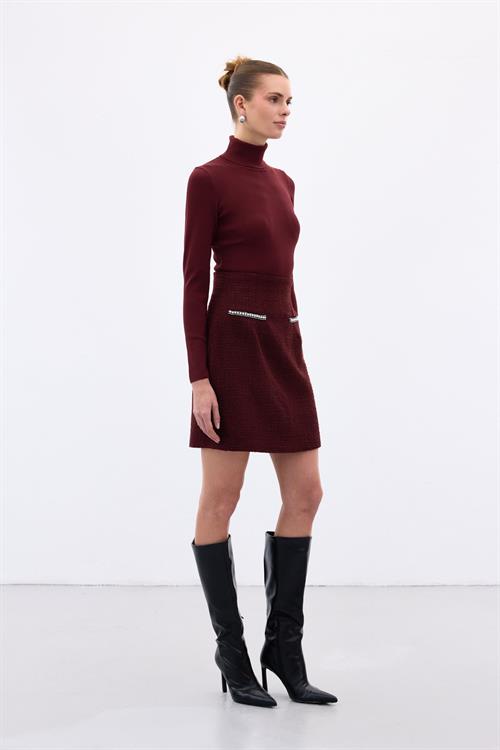 Wholesale Womens Burgundy Tweed Mini Skirt with Rhinestone and Pearl Embellishment