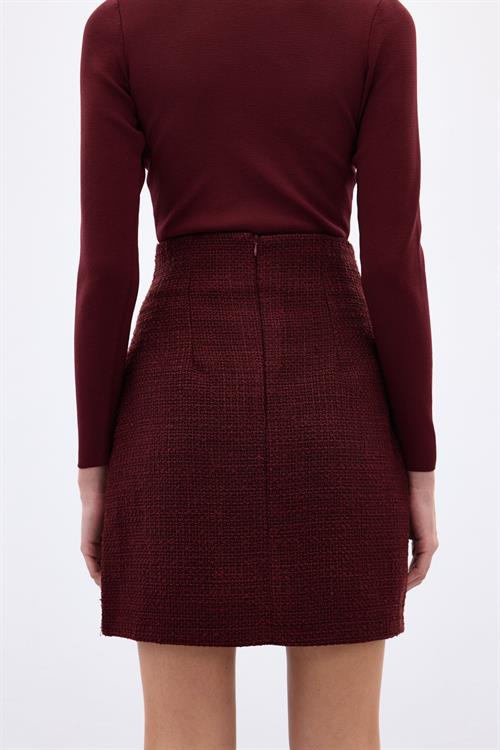 Wholesale Womens Burgundy Tweed Mini Skirt with Rhinestone and Pearl Embellishment