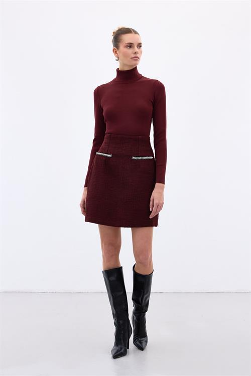 Wholesale Womens Burgundy Tweed Mini Skirt with Rhinestone and Pearl Embellishment