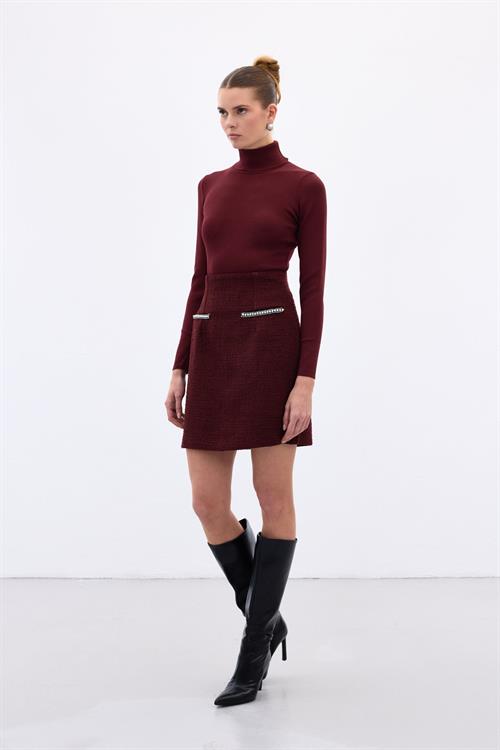 Wholesale Womens Burgundy Tweed Mini Skirt with Rhinestone and Pearl Embellishment