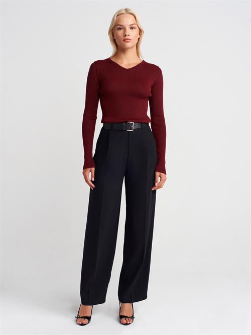 Wholesale Womens Burgundy V-Neck Lurex Knit Sweater