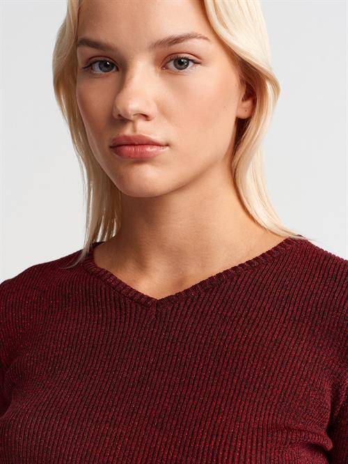 Wholesale Womens Burgundy V-Neck Lurex Knit Sweater