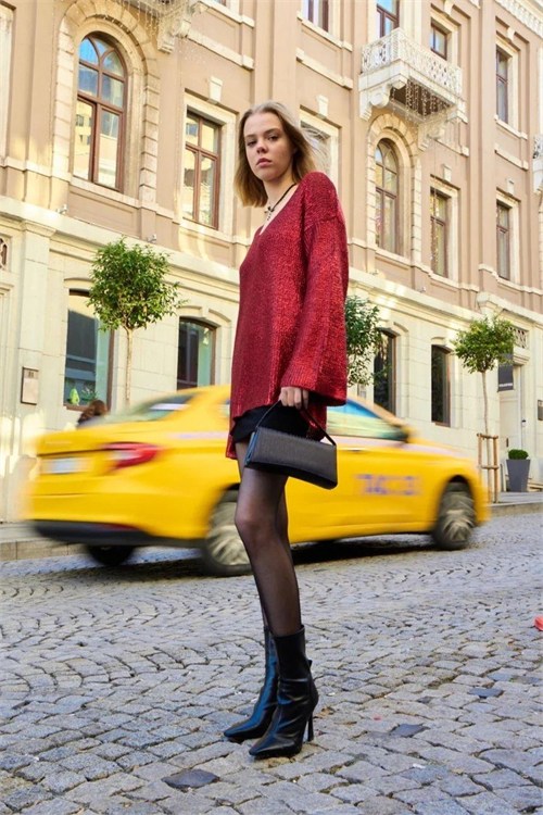 Wholesale Womens Burgundy V-Neck Shimmering Foil Knit Sweater