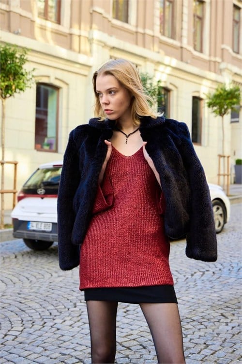 Wholesale Womens Burgundy V-Neck Shimmering Foil Knit Sweater