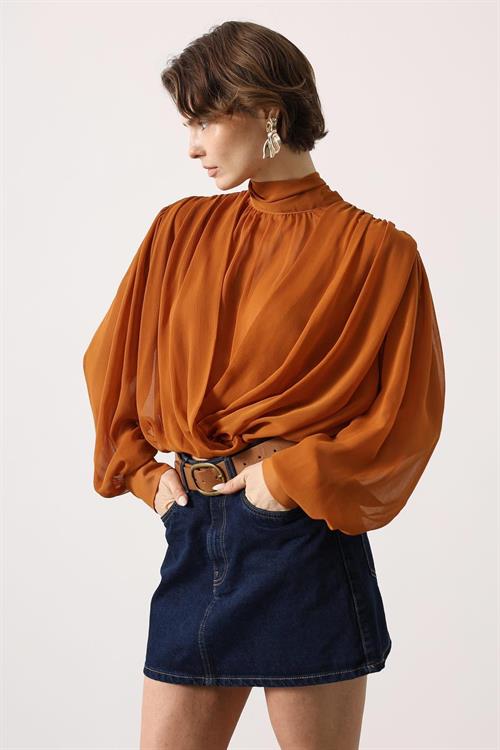 Wholesale Womens Camel Chiffon Blouse with Tie-Neck