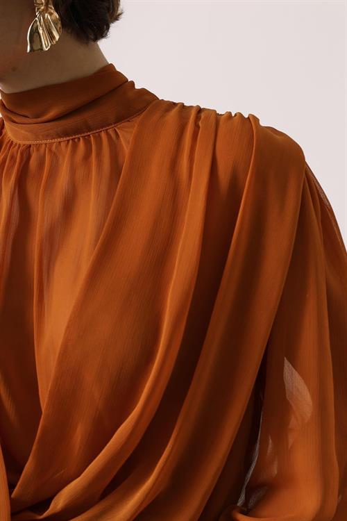 Wholesale Womens Camel Chiffon Blouse with Tie-Neck