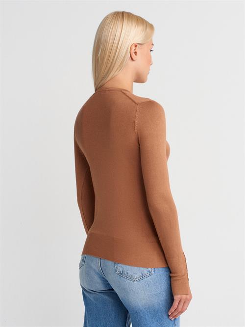 Wholesale Womens Camel Crew-Neck Knit Blouse with Snap-Button Wide Cuffs