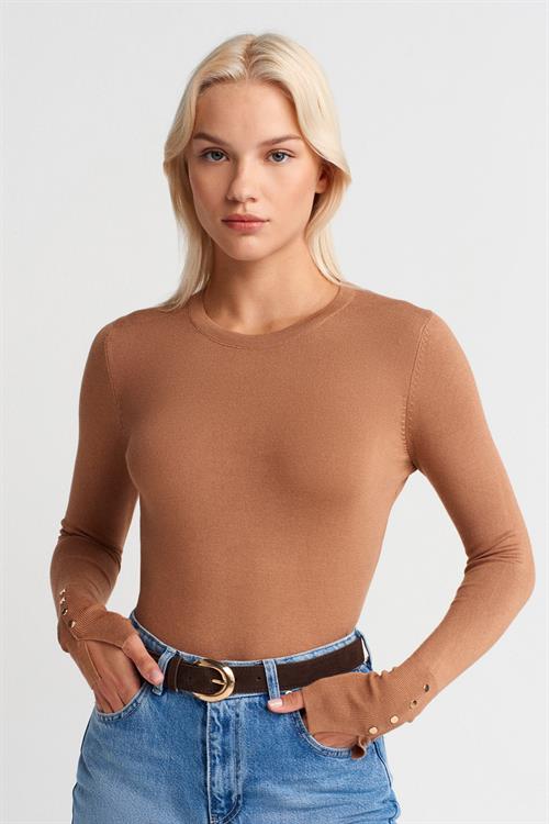 Wholesale Womens Camel Crew-Neck Knit Blouse with Snap-Button Wide Cuffs