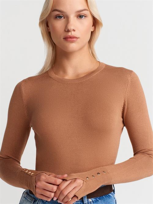 Wholesale Womens Camel Crew-Neck Knit Blouse with Snap-Button Wide Cuffs
