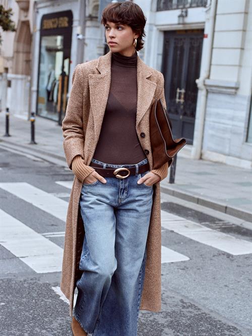 Wholesale Womens Camel Long Coat with Knitted Sleeves