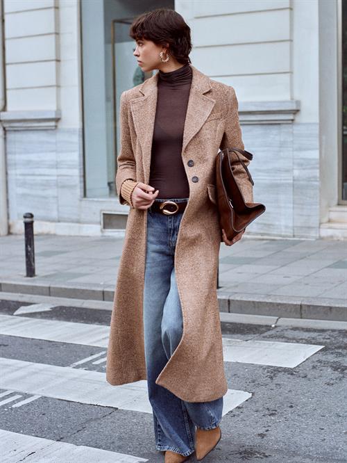 Wholesale Womens Camel Long Coat with Knitted Sleeves