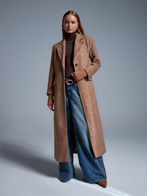 Wholesale Womens Camel Long Coat with Knitted Sleeves