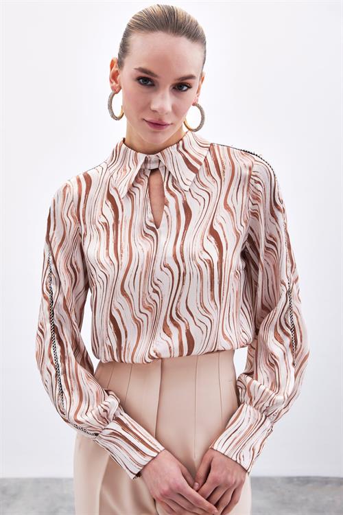 Wholesale Womens Camel Patterned Blouse with Rhinestone Trim on Bishop Sleeves