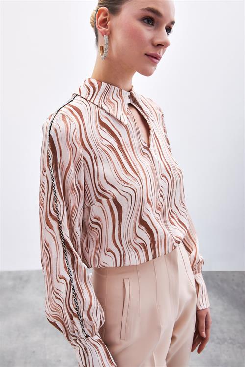 Wholesale Womens Camel Patterned Blouse with Rhinestone Trim on Bishop Sleeves