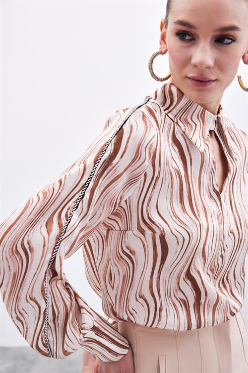 Wholesale Womens Camel Patterned Blouse with Rhinestone Trim on Bishop Sleeves
