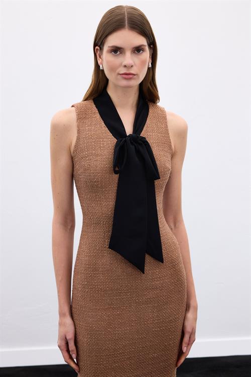Wholesale Womens Caramel Sleeveless Tweed Dress with Scarf