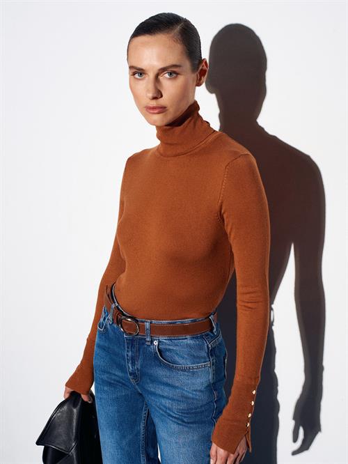 Wholesale Womens Caramel Turtleneck Knit Sweater with Snap-Button Wide Cuffs