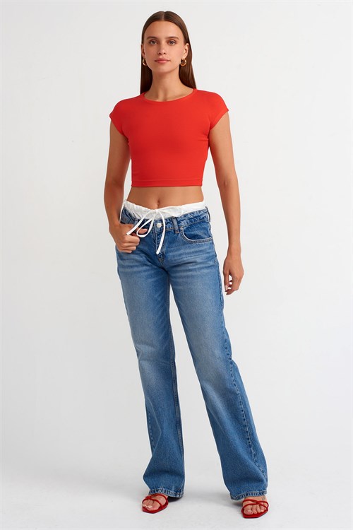 Wholesale Womens Coral Red Modal-Cotton Cropped T-Shirt