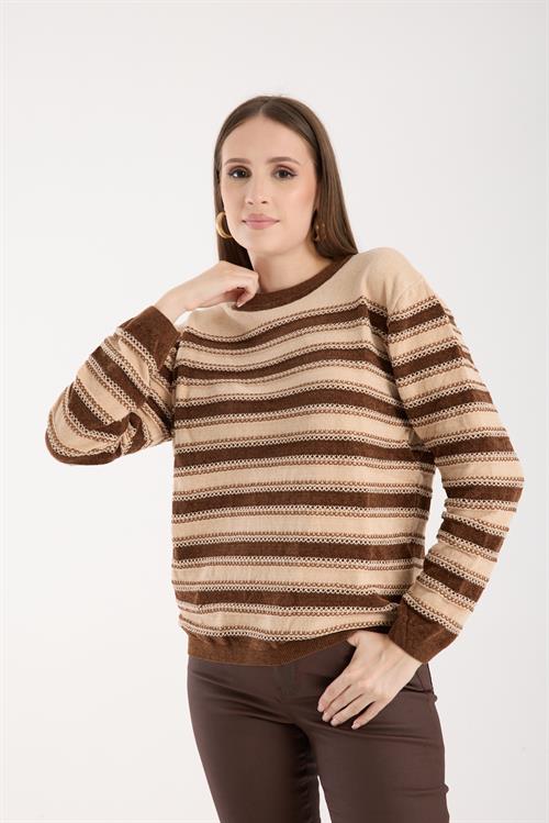 Wholesale Womens Cream-Brown Chenille Velvet Striped Crew-Neck Knit Blouse