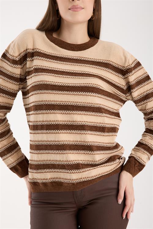 Wholesale Womens Cream-Brown Chenille Velvet Striped Crew-Neck Knit Blouse