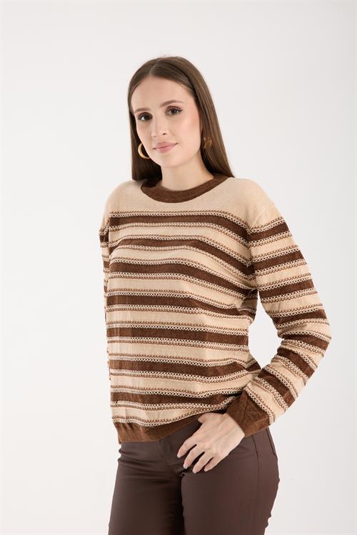 Wholesale Womens Cream-Brown Chenille Velvet Striped Crew-Neck Knit Blouse