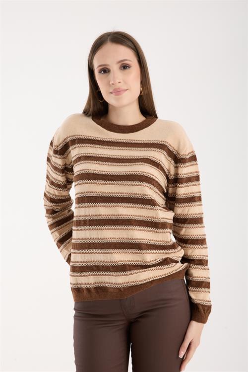 Wholesale Womens Cream-Brown Chenille Velvet Striped Crew-Neck Knit Blouse