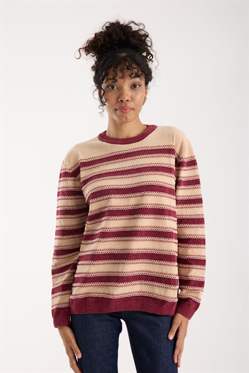 Wholesale Womens Cream-Burgundy Chenille Velvet Striped Crew-Neck Knit Blouse