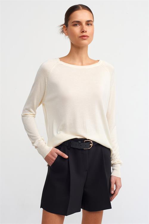 Wholesale Womens Cream Fine Knit Blouse with Raglan Sleeves and Side Slits