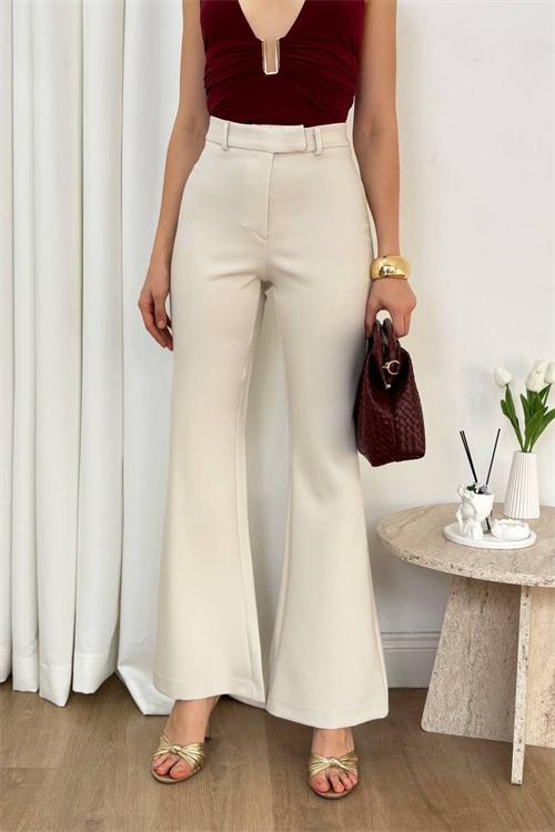 Wholesale Womens Cream High-Waisted Flared Trousers
