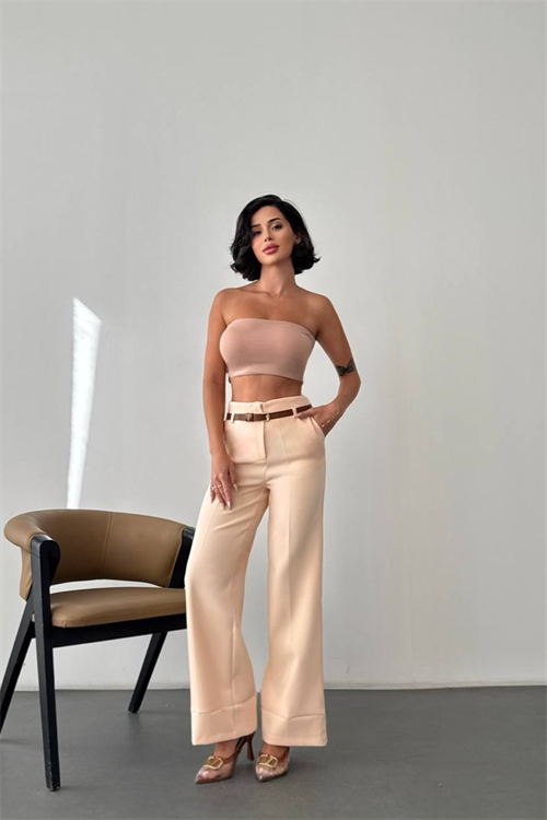 Wholesale Womens Cream High-Waisted Wide-Leg Trousers