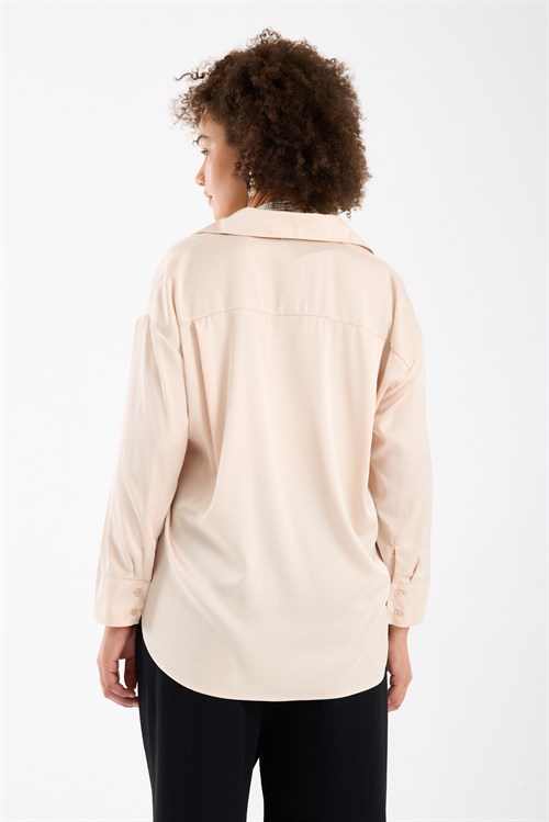 Wholesale Womens Cream Satin Long-Sleeve Shirt