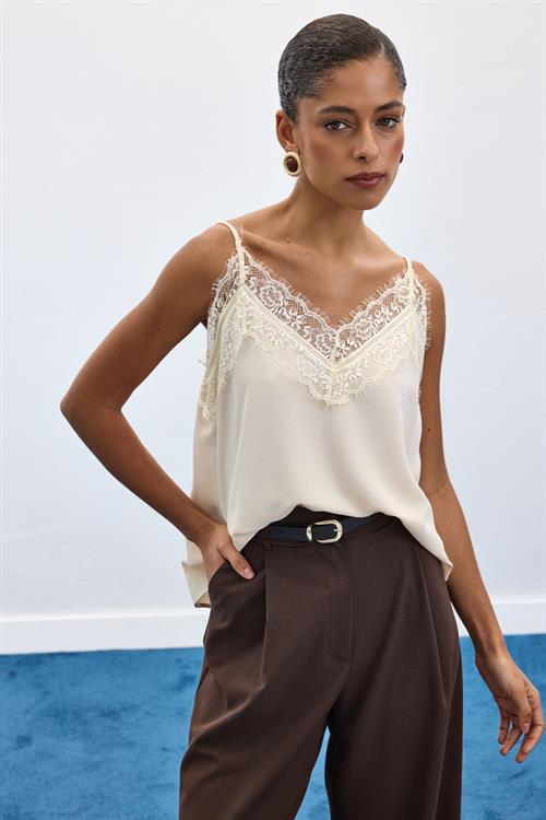 Wholesale Womens Cream Strappy Blouse with Lace Trim