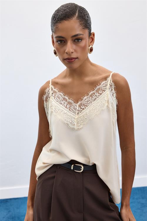 Wholesale Womens Cream Strappy Blouse with Lace Trim