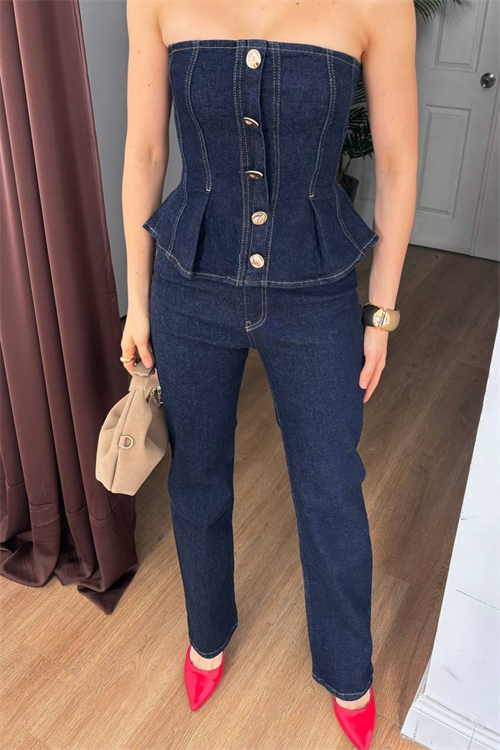 Wholesale Womens Dark Blue Strapless Denim Suit with Gold Buttons