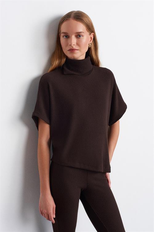 Wholesale Womens Dark Brown Asymmetrical Cut Turtleneck Sweater