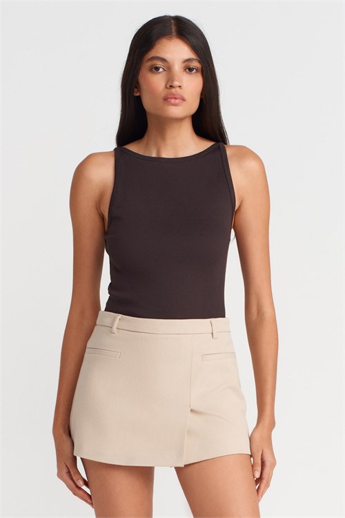 Wholesale Womens Dark Brown Beige Cotton-Modal Sleeveless Top
