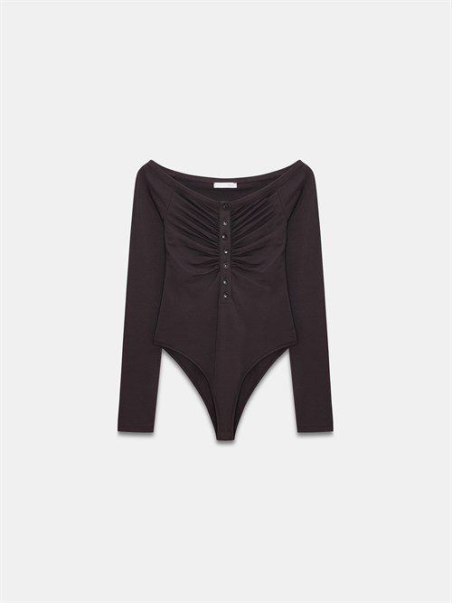 Wholesale Womens Dark Brown Bodysuit with Button-Up Half Placket