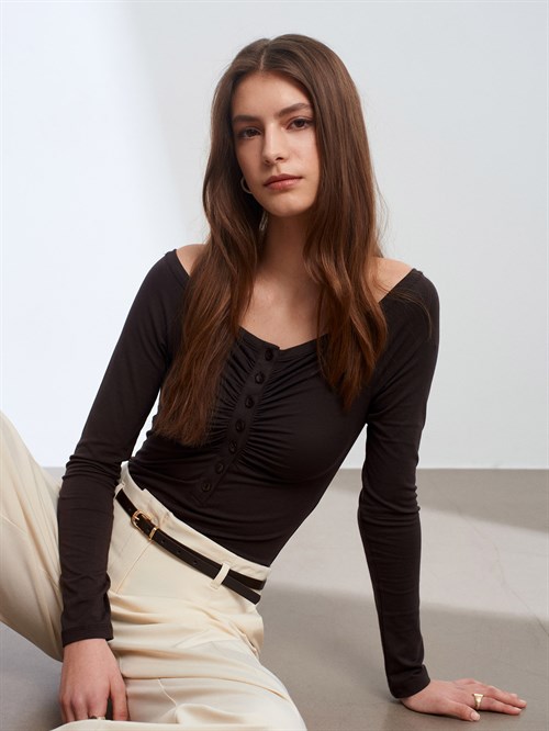 Wholesale Womens Dark Brown Bodysuit with Button-Up Half Placket