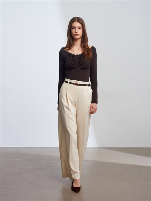 Wholesale Womens Dark Brown Bodysuit with Button-Up Half Placket