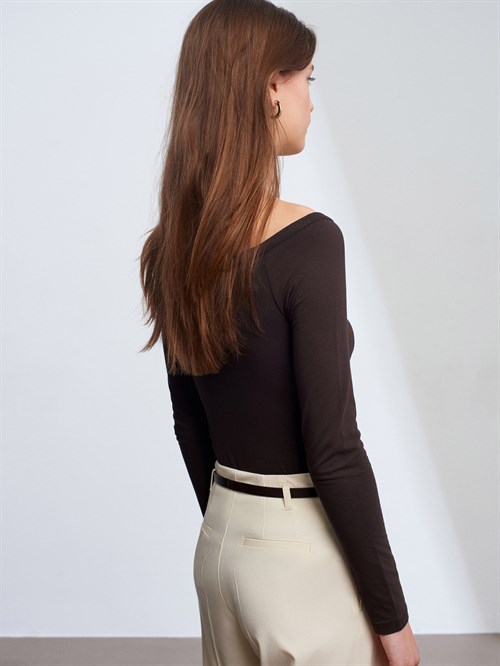 Wholesale Womens Dark Brown Bodysuit with Button-Up Half Placket