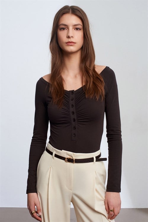 Wholesale Womens Dark Brown Bodysuit with Button-Up Half Placket