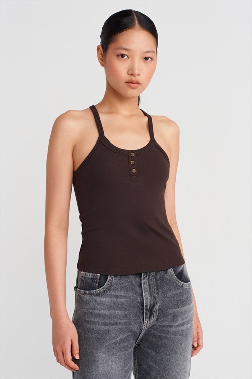 Wholesale Womens Dark Brown Button-Front Tank Top