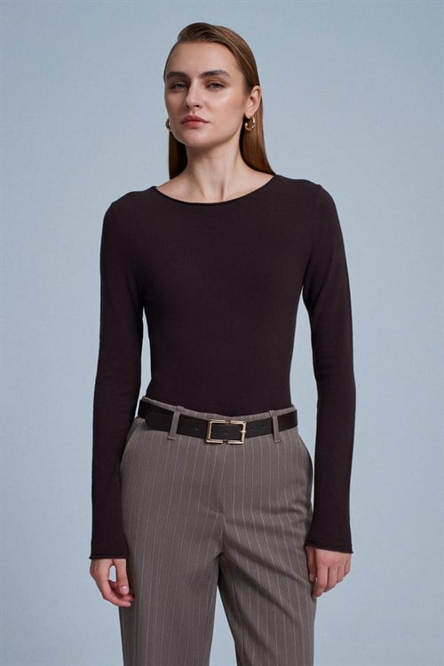 Wholesale Womens Dark Brown Cashmere Lightweight Knit Boat-Neck Sweater