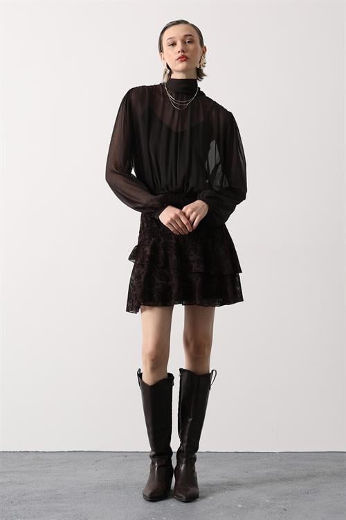 Wholesale Womens Dark Brown Chiffon Mini Dress with Tie-Neck