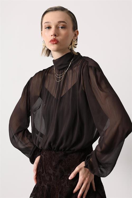 Wholesale Womens Dark Brown Chiffon Mini Dress with Tie-Neck