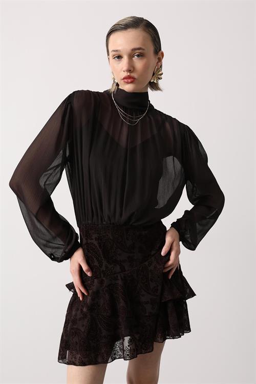 Wholesale Womens Dark Brown Chiffon Mini Dress with Tie-Neck