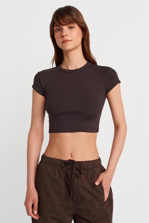 Wholesale Womens Dark Brown Crew-Neck Crop T-shirt